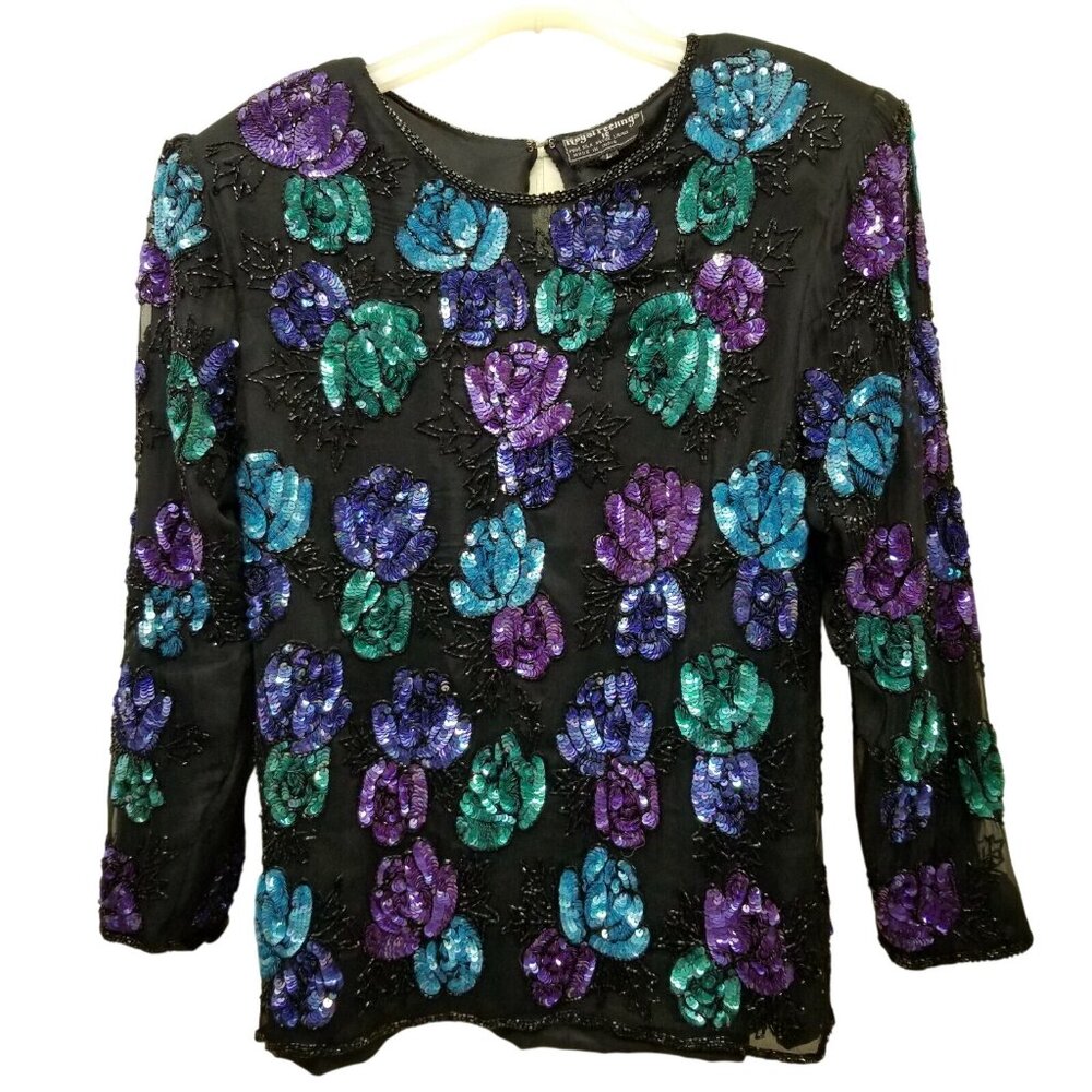 Royal Feelings L Silk Sequins Blouse Lined Formal Bling Blue Purple